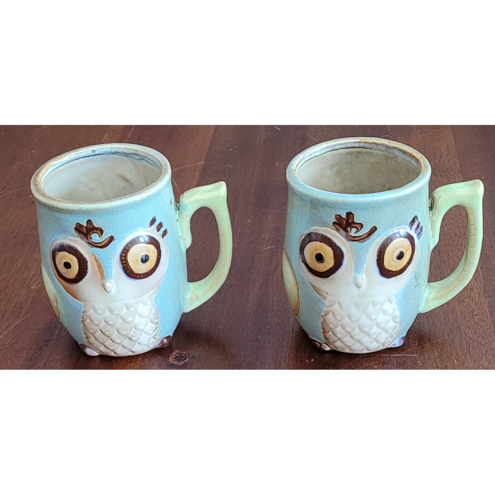 Gibson Home Vintage Coffee Mug Set of 2 Blue Ceramic Owl Pattern
